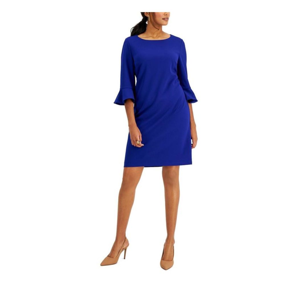 KASPER DRESS Womens Blue Lined 3/4 Sleeve Knee Length Sheath Dress 14